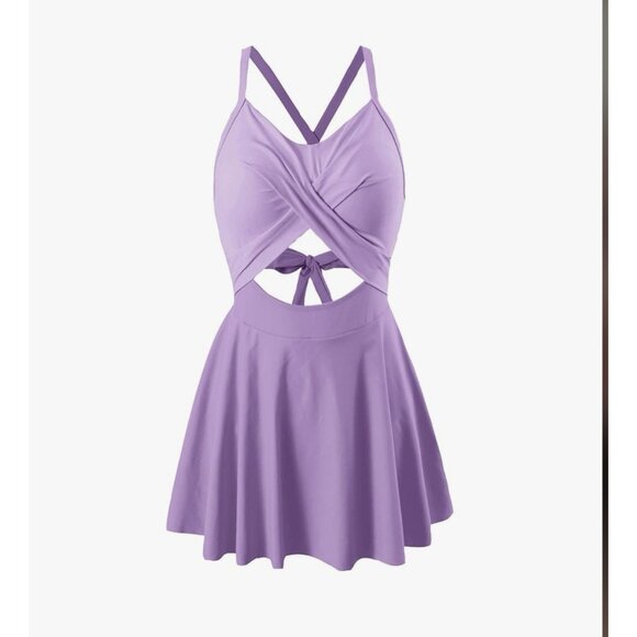 Women's One Piece Swim Dress Wrap Swimsuits Tummy Control Cutout V Neck Size L - Picture 4 of 7